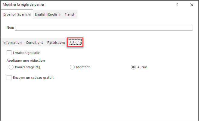 Ajouter une Règle Panier PrestaShop dans Onglet Actions