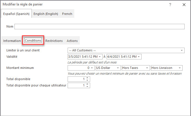 Ajouter une Règle Panier PrestaShop dans Onglet Conditions
