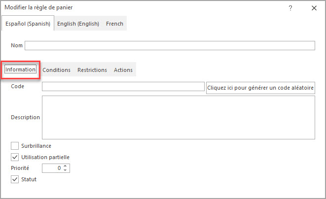 Ajouter une Règle Panier PrestaShop dans Onglet Informations