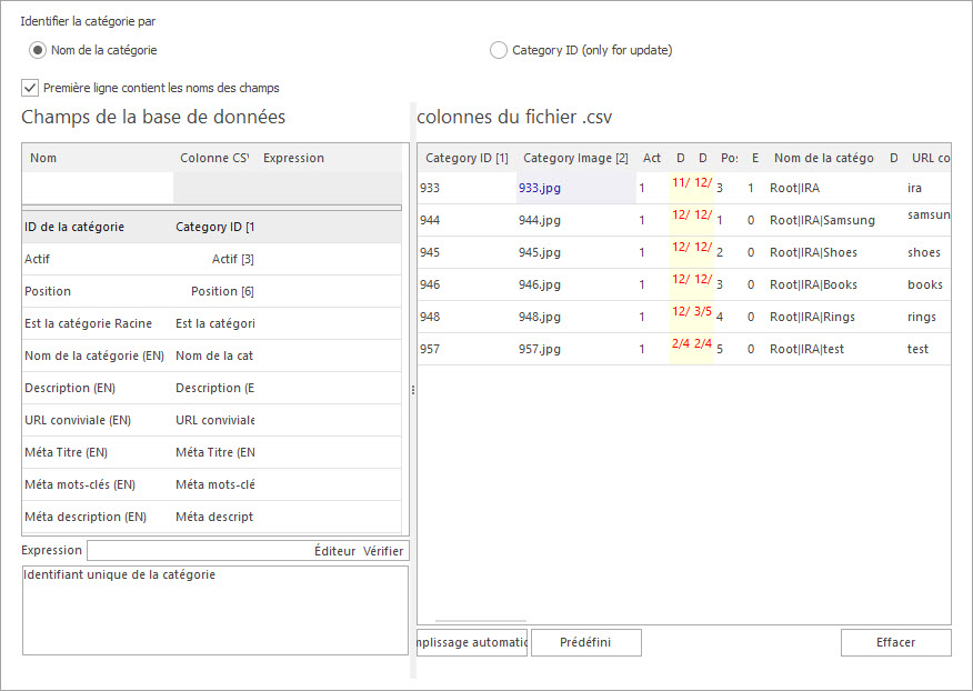 Attribuer les Colonnes du Fichier csv aux Champs de la Base de Données pour Importer les Catégories PrestaShop