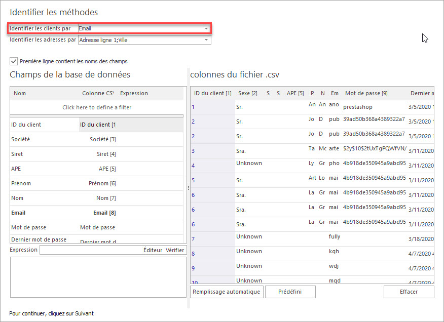 Attribuer les Colonnes du Fichier csv aux Champs de la Base de Données pour Importer les Clients PrestaShop