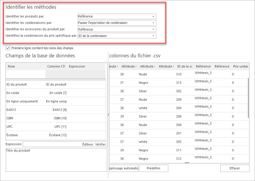 Attribuer les Colonnes du Fichier csv aux Champs de la Base de Données pour Importer les Produits PrestaShop