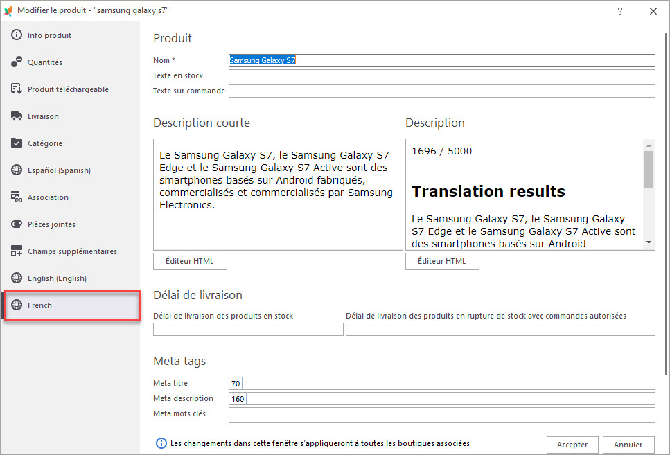 Description du Produit PrestaShop