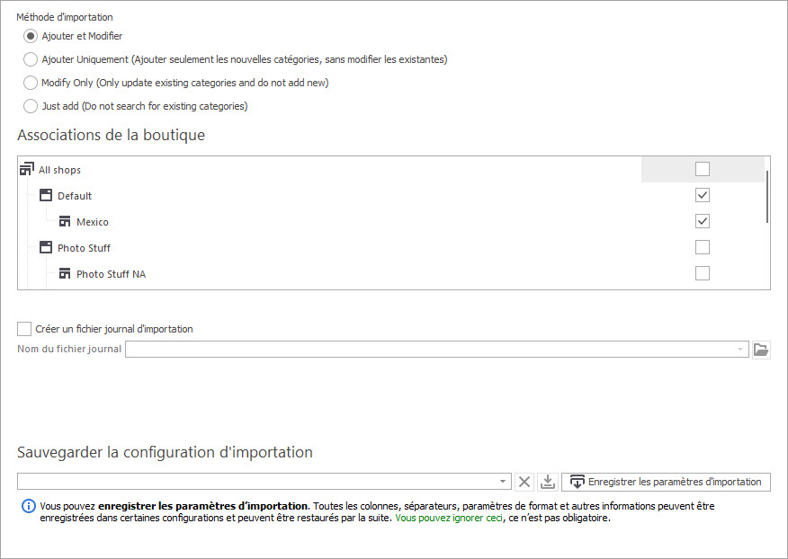 Option Ajouter et Modifier dans L’assistant D’importation des Catégories PrestaShop