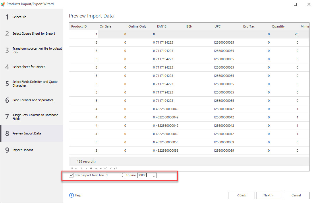 Select certain lines in the PrestaShop Store Manager Import wizard