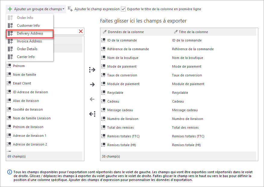 Sélectionner les Champs des Commandes PrestaShop à Exporter