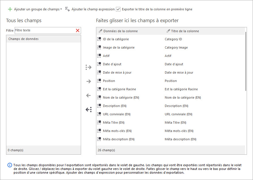 Sélectionnez Tous les Champs de Catégorie PrestaShop à Exporter