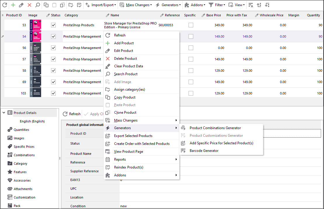 Changements de Produit PrestaShop en Masse Changements de Produit PrestaShop en Masse
