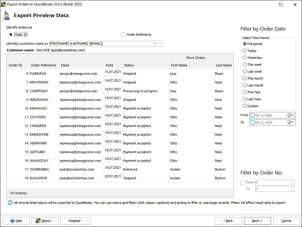 Export PrestaShop Orders from Store Manager to QuickBooks