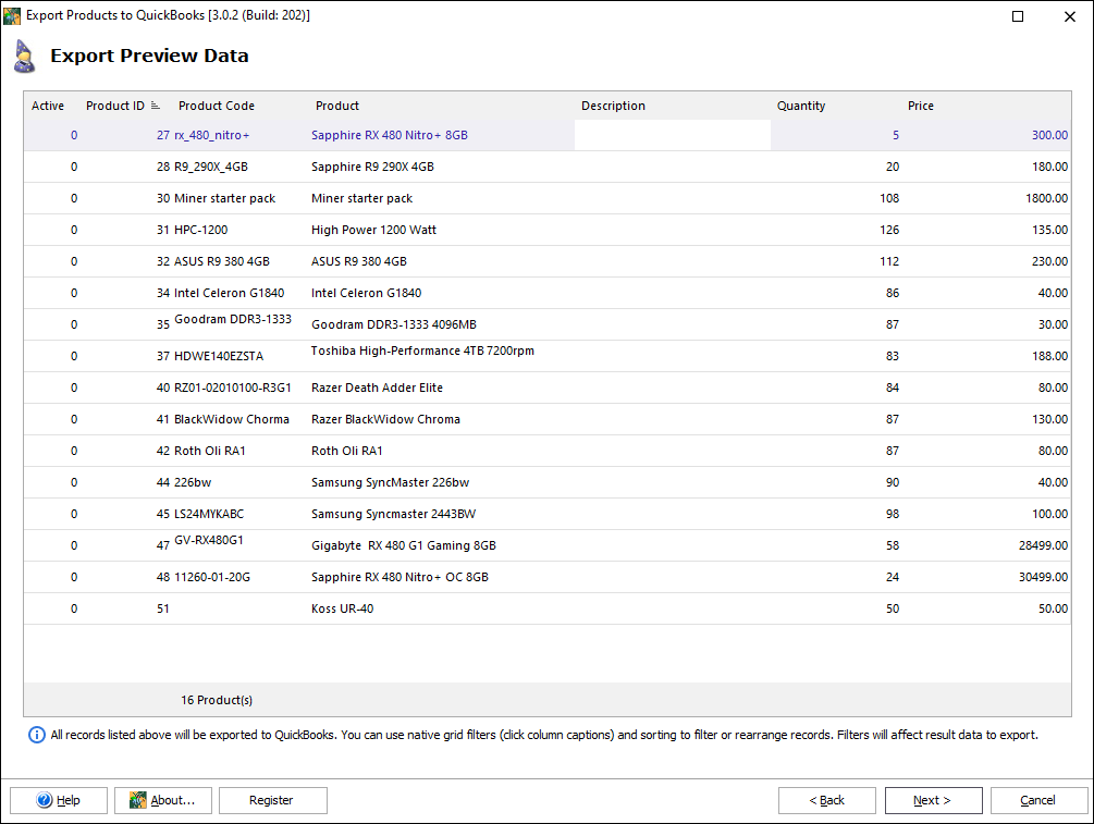 Exporter des produits du Store Manager vers QuickBooks