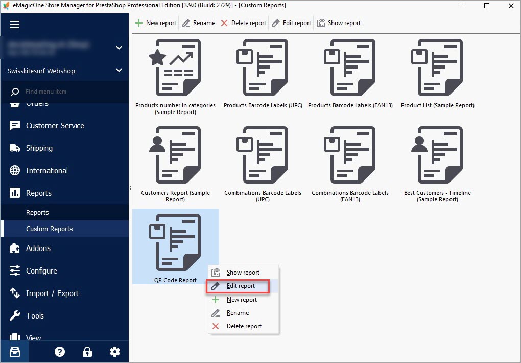 PrestaShop Store Manager Custom Report Section with QR Code Report Template to Edit
