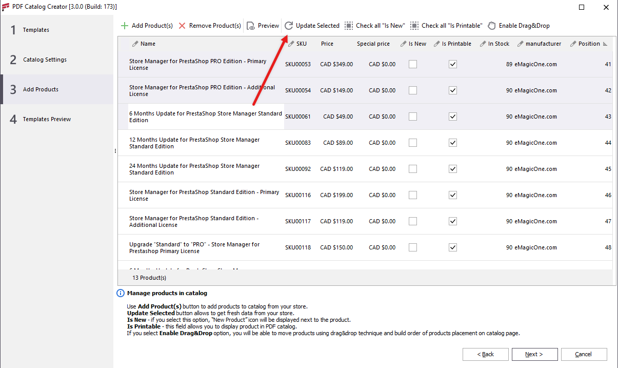 Selected PrestaShop Products Update in PDF Catalog Creator