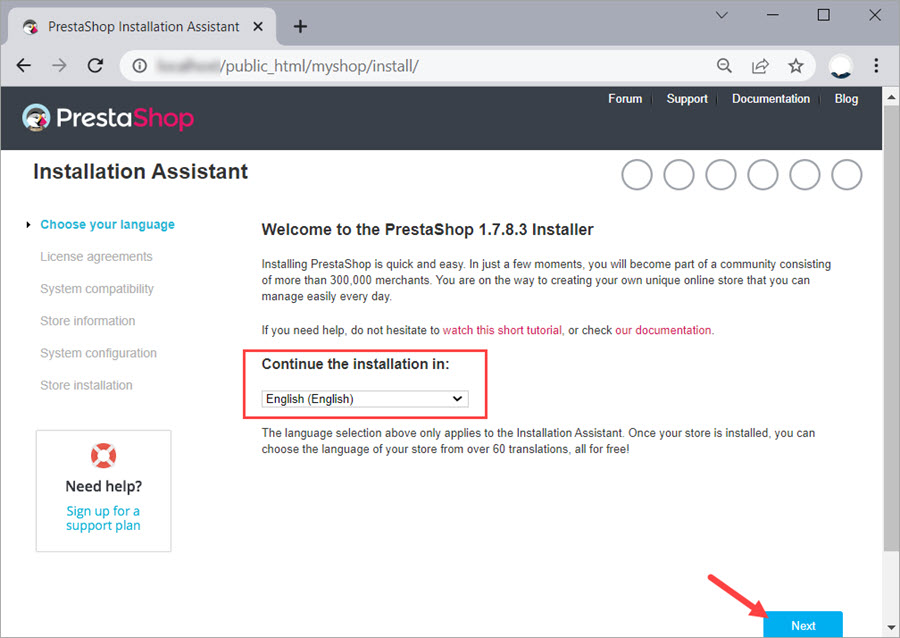 PrestaShop installation assistant language