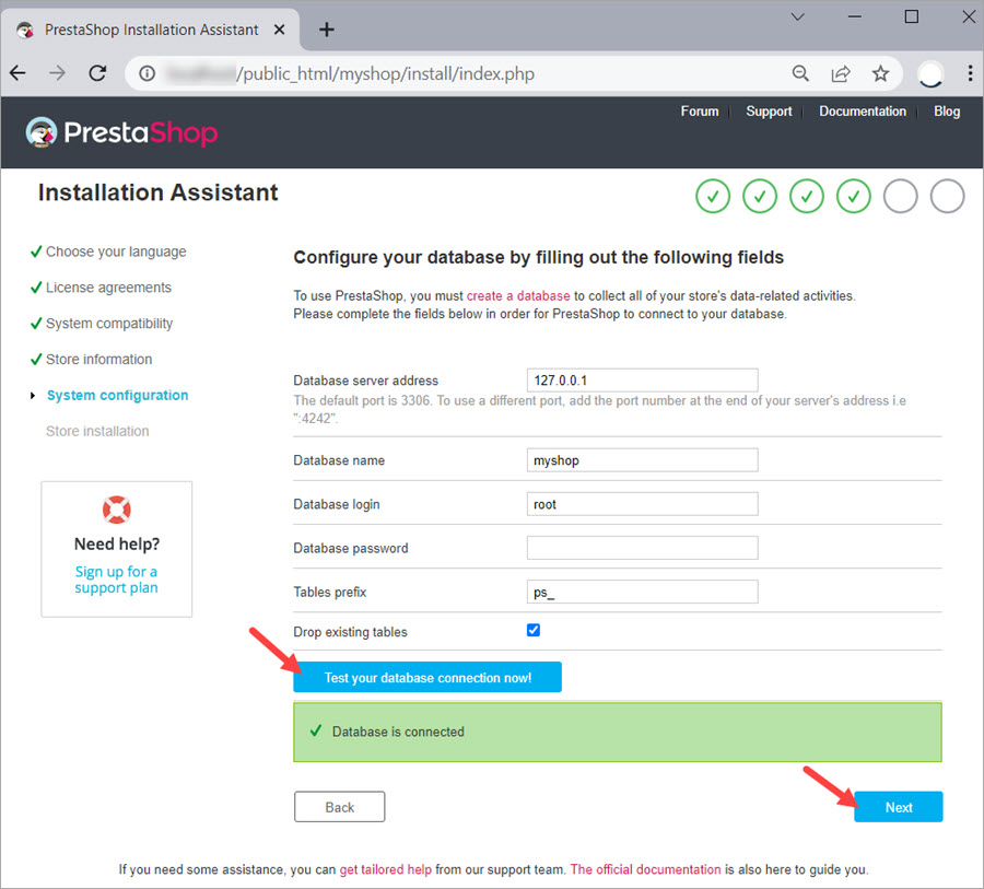 PrestaShop installation configure database