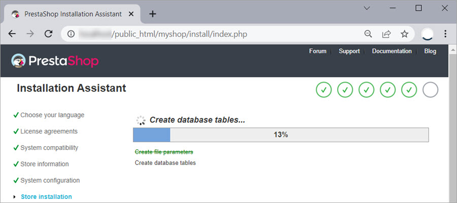 Wait for the PrestaShop installation to complete