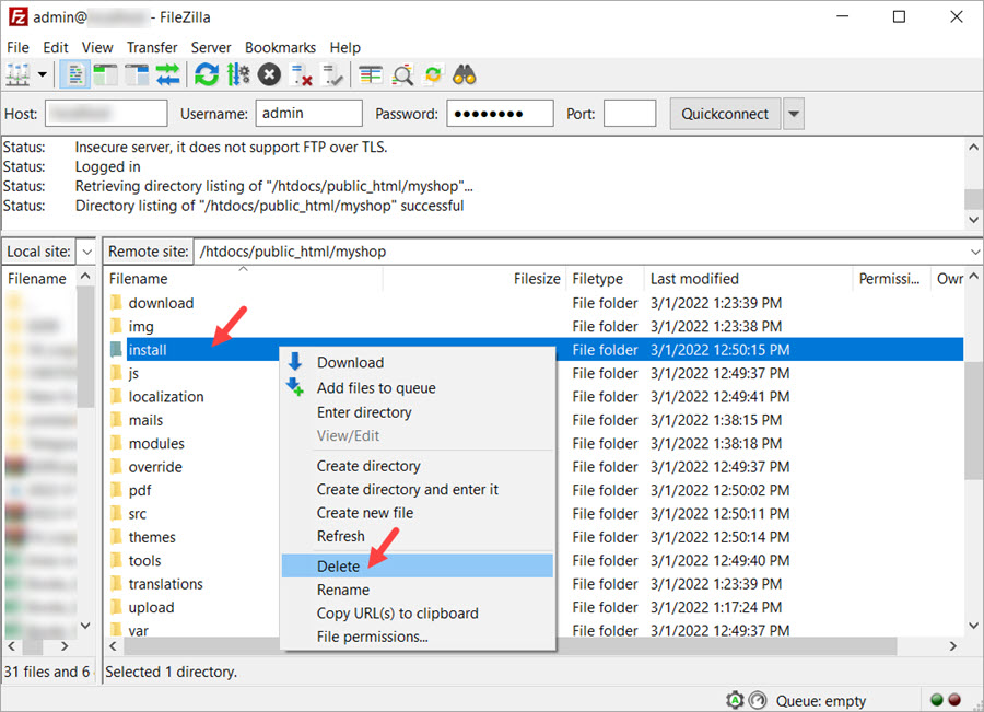PrestaShop installation delete install folder