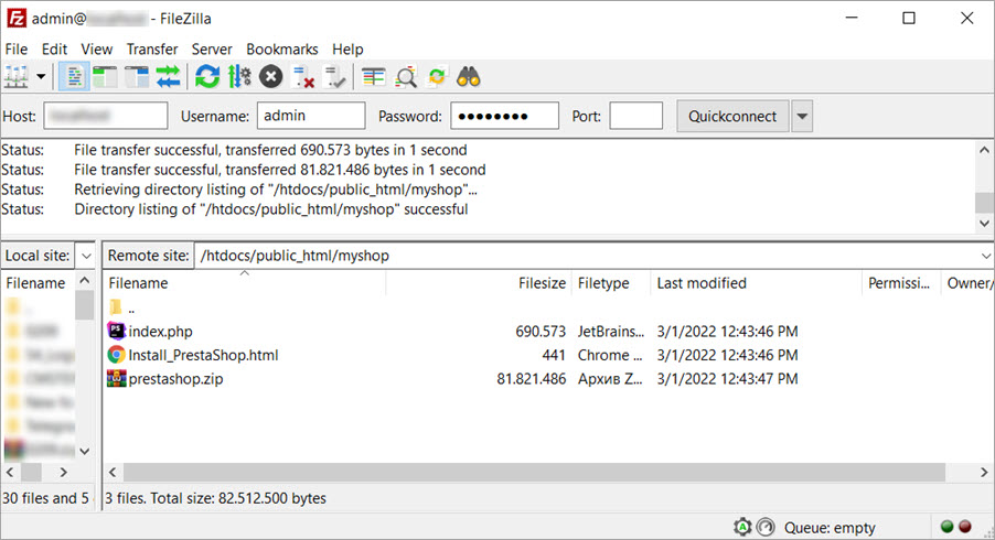 PrestaShop installation files copied to root folder