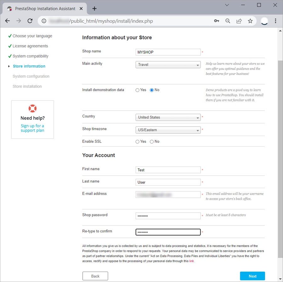 PrestaShop installation information about store