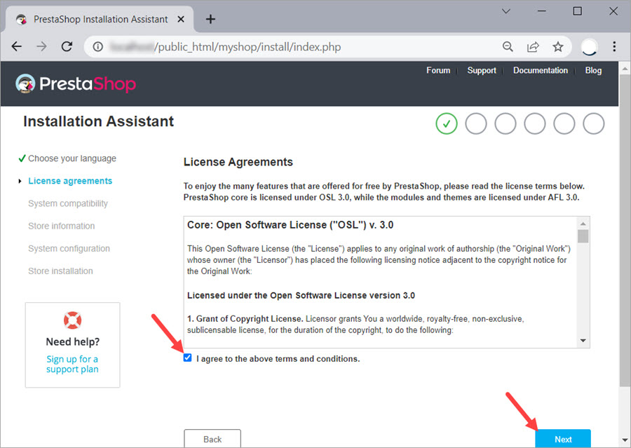 PrestaShop installation license agreement