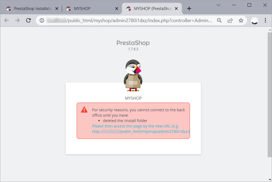 PrestaShop installation security notification