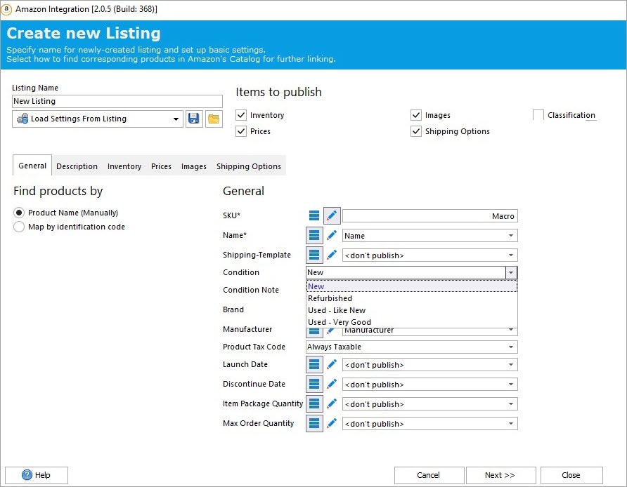 PrestaShop Amazon Integration Create New Listing General Conditions drop-down menu