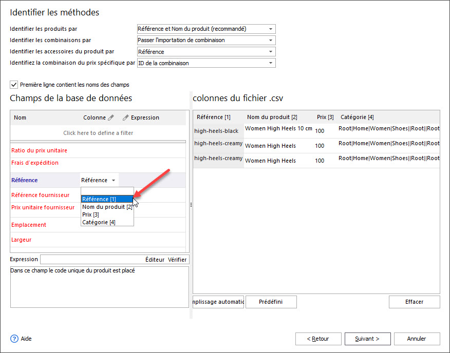 Assign csv columns to database fields