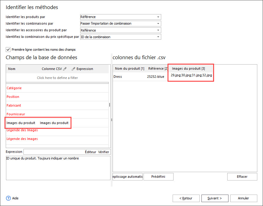 Assign database fields to csv columns