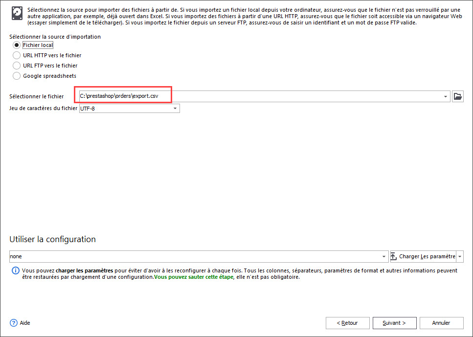 Choose file to import