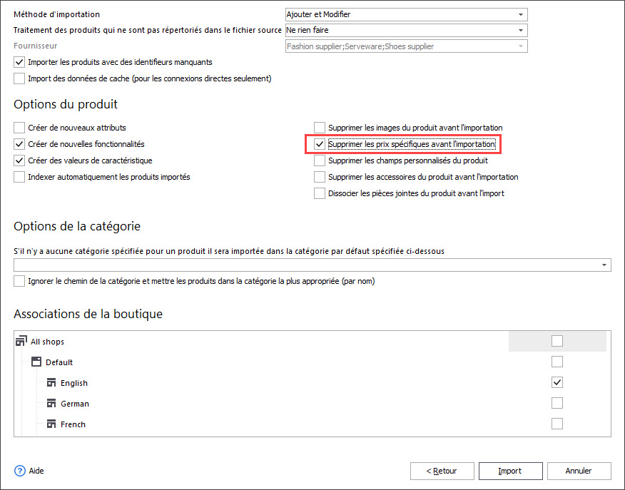 Delete PrestaShop Specific Price before Import Options