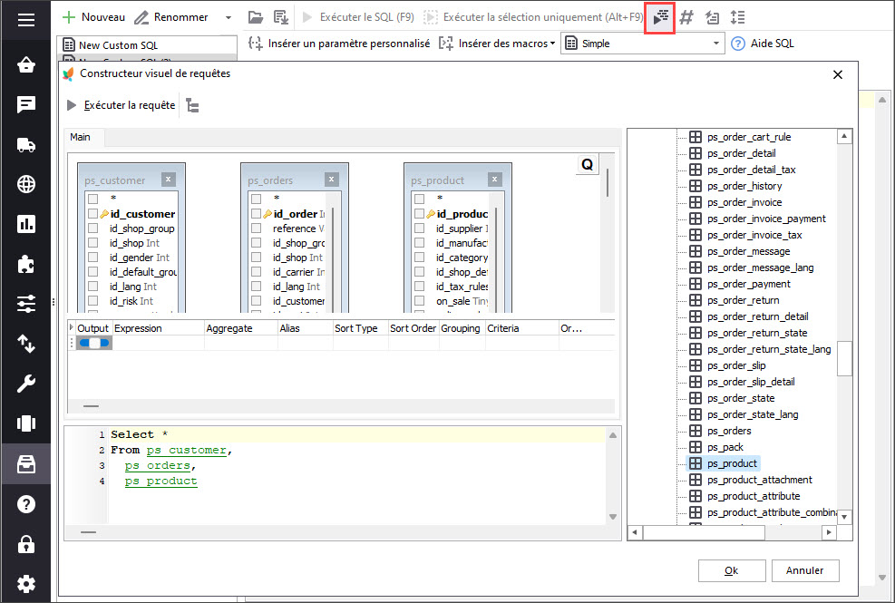 Drag Database Objects to Query Building Grid