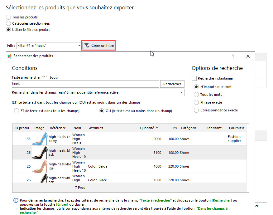 Filter products to export