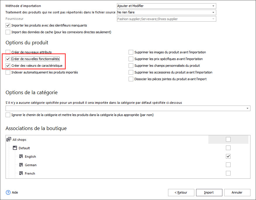 Import Options During Products Features Import