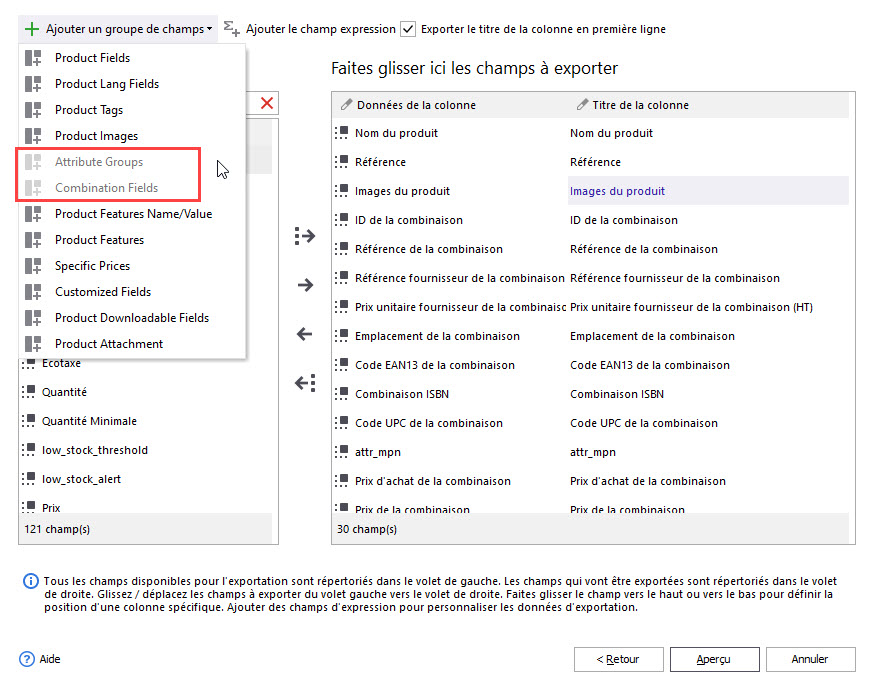 PrestaShop Attribute Combinations Fields for Export