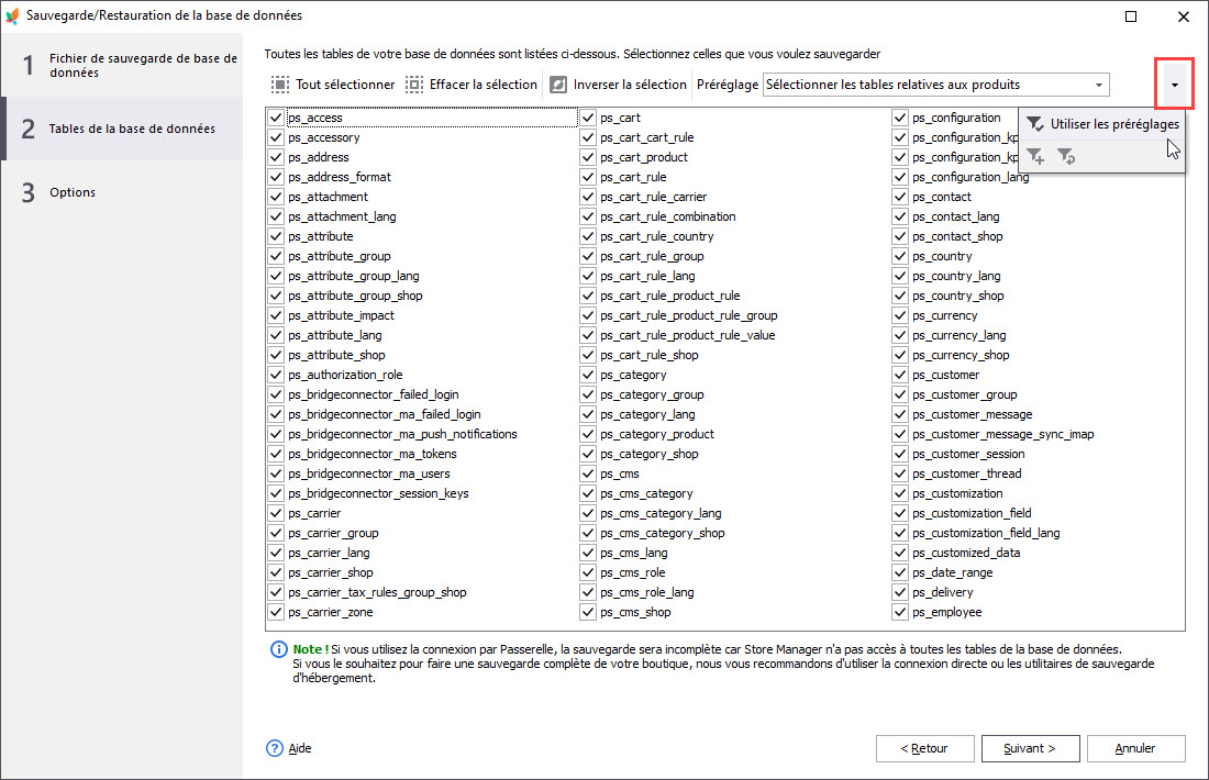 PrestaShop Database Selected Tables