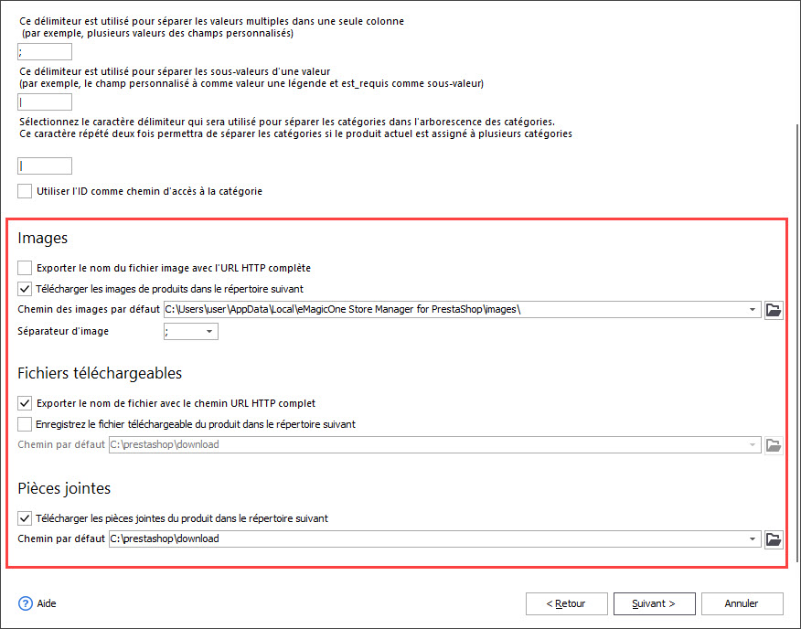 PrestaShop Images Downloadable Files and Attachments Export Settings