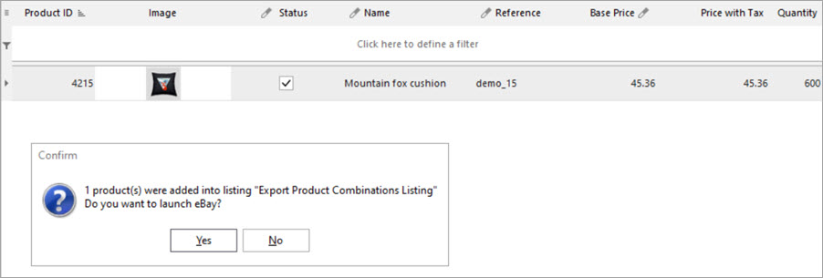 PrestaShop Store Manager eBay Combinations Export New Listing Confirm