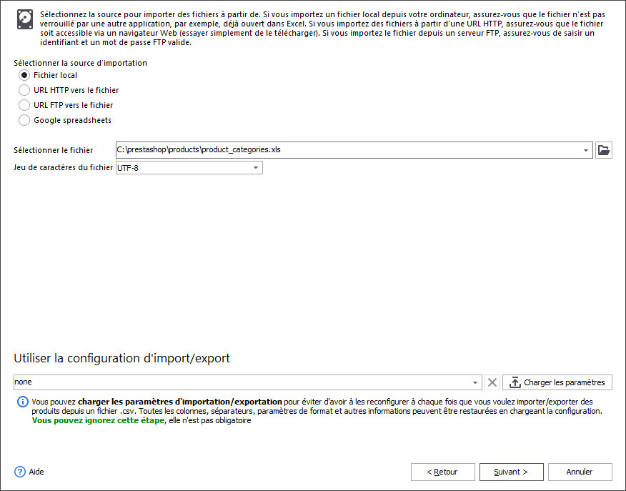 Select Excel File for PrestaShop Products Import