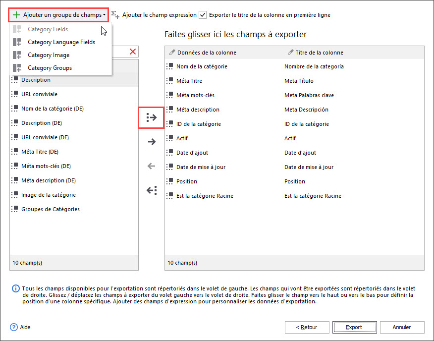 Select Fields for PrestaShop Categories Export