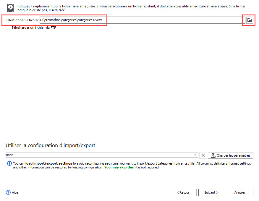 Select File to Export PrestaShop Categories