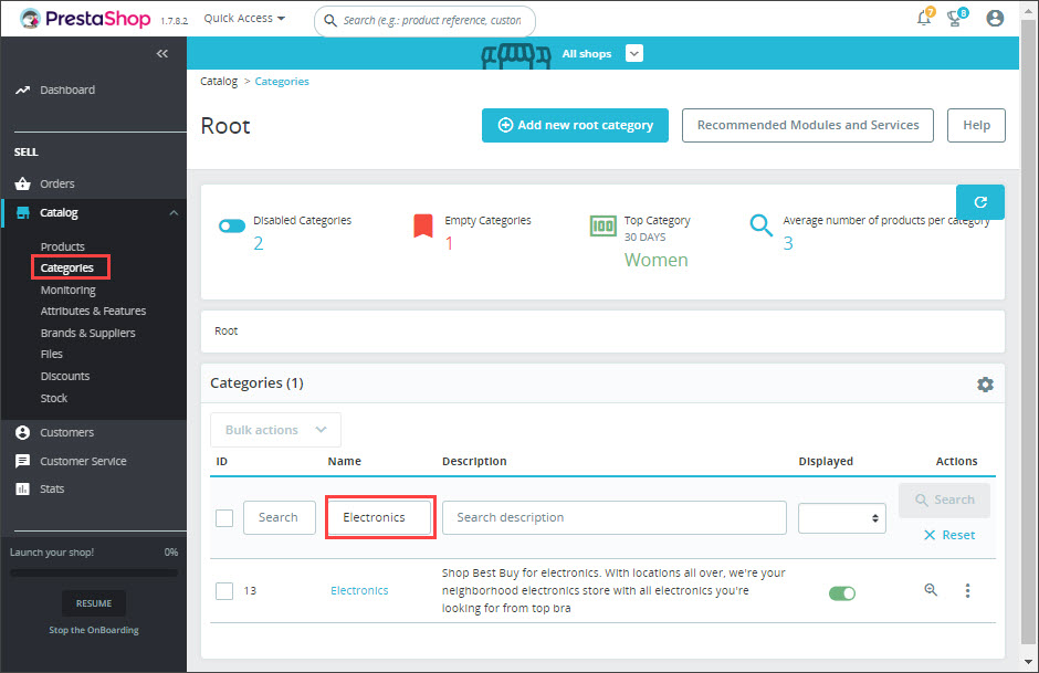 Category Filter PrestaShop Backend