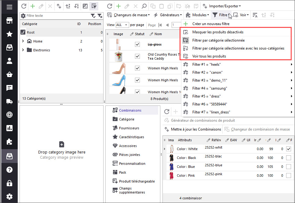 Default Products Filters in PrestaShop Store Manager
