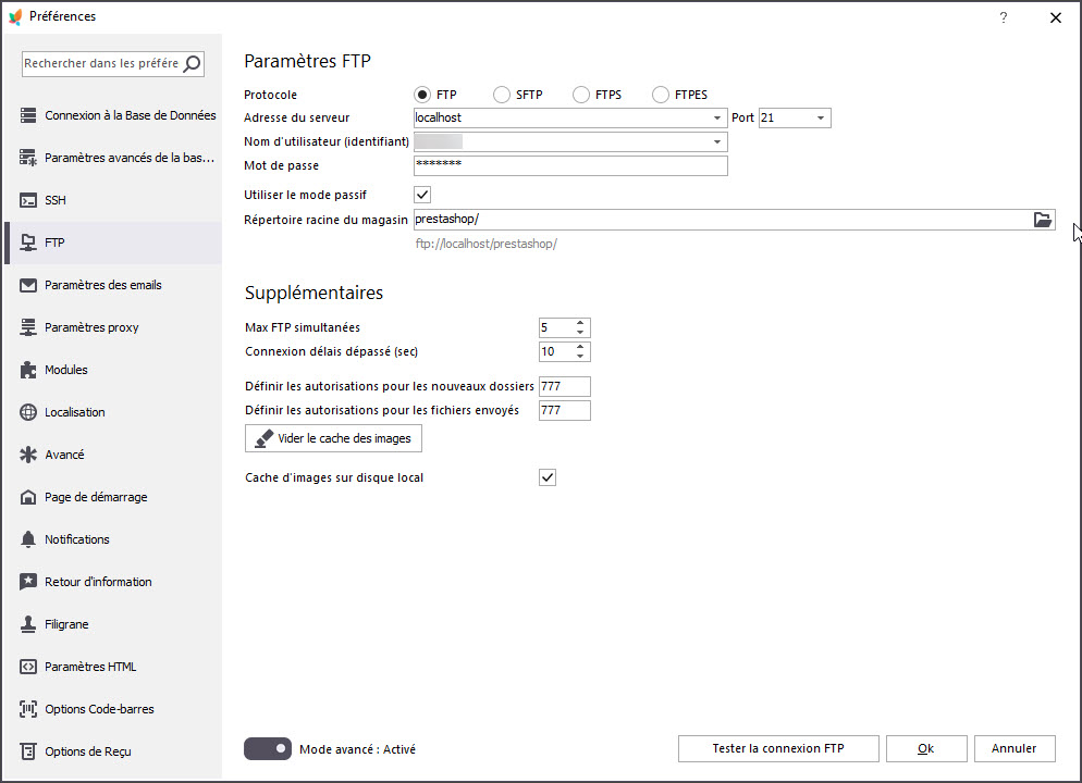 FTP Settings Tab in PrestaShop Store Manager