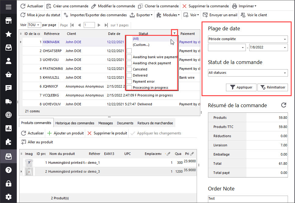 Filter PrestaShop Orders in Store Manager