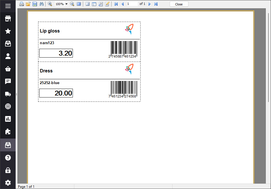Options in Barcode Labels Report Section