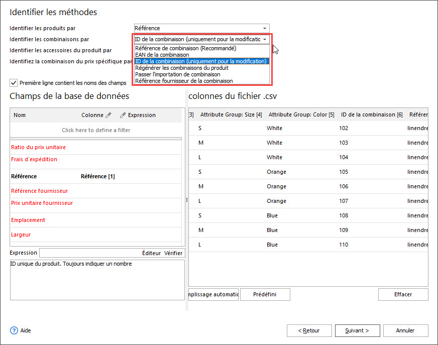 PrestaShop Attribute Combinations Import Identifiers