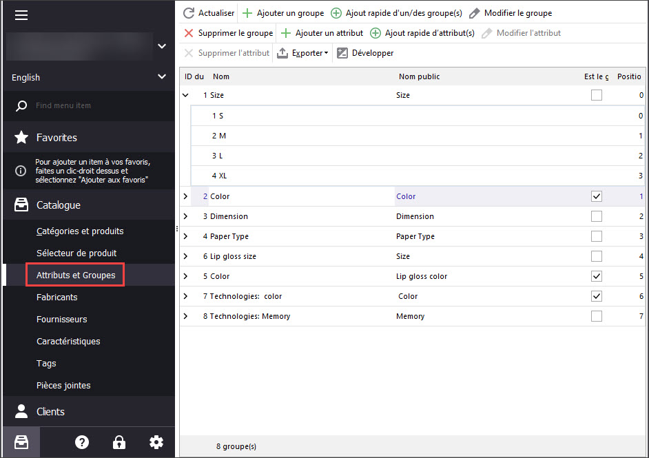 PrestaShop Attribute Groups Section