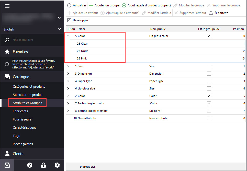 PrestaShop Attributes and Attribute Groups Section in eMagicOne Store Manager