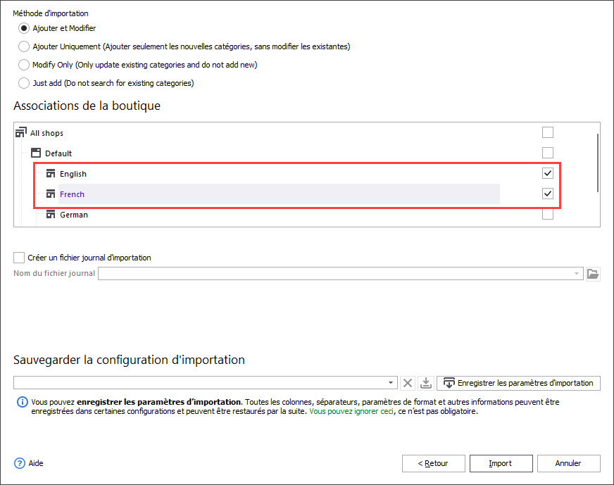 PrestaShop Categories Import Options Step