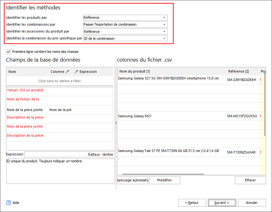 PrestaShop Fields Association Step During Products Import