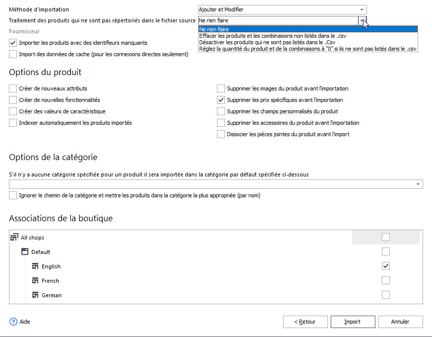 PrestaShop Import Options Step in Store Manager Import Wizard